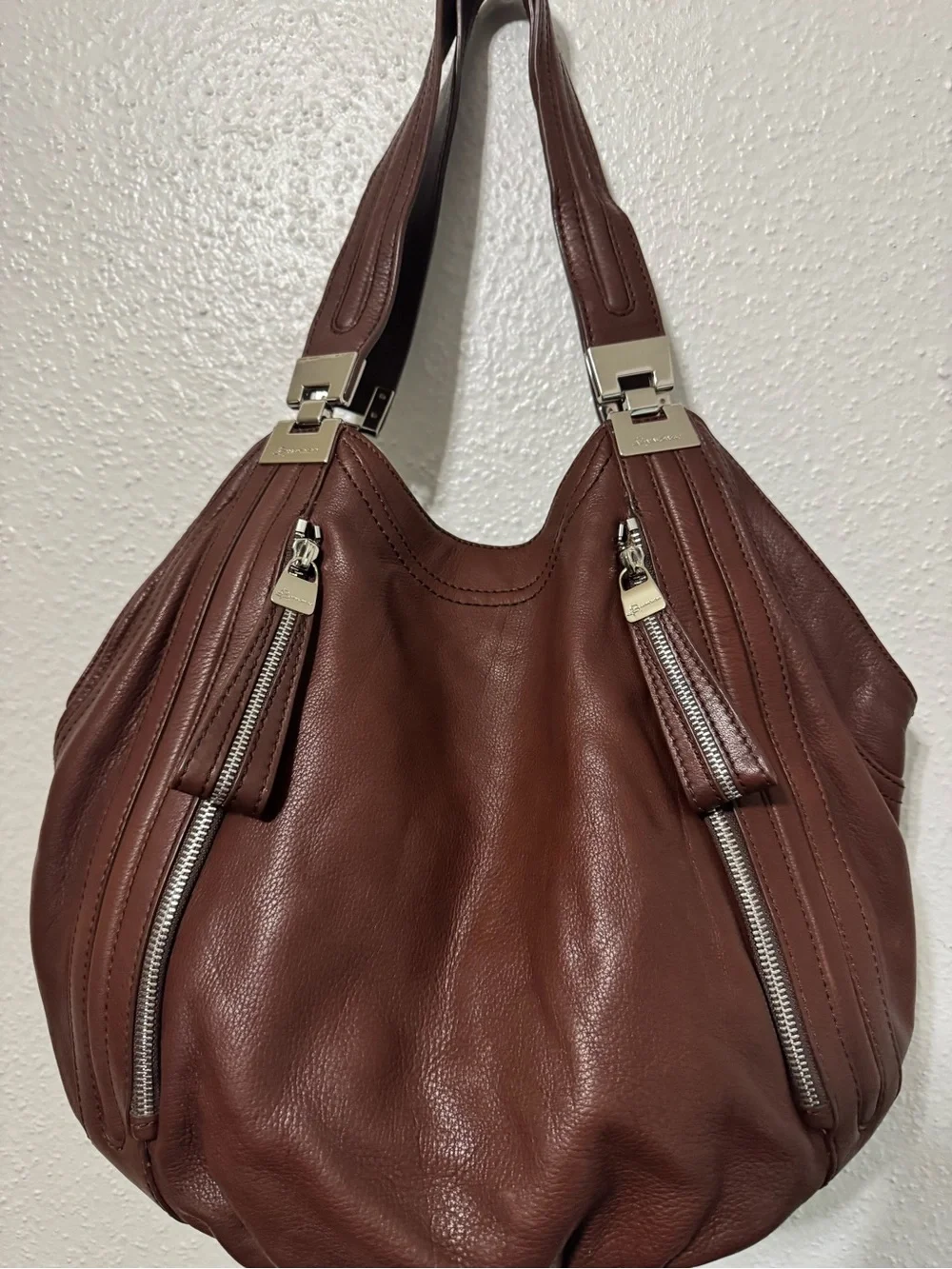 b. makowsky Chocolate Brown Pebbled Leather Hobo